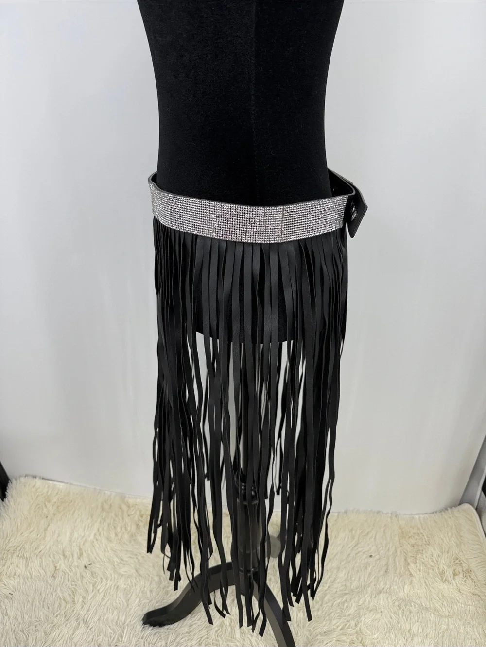 Faux Leather Fringe Belt with Rhinestone Waistband - Black